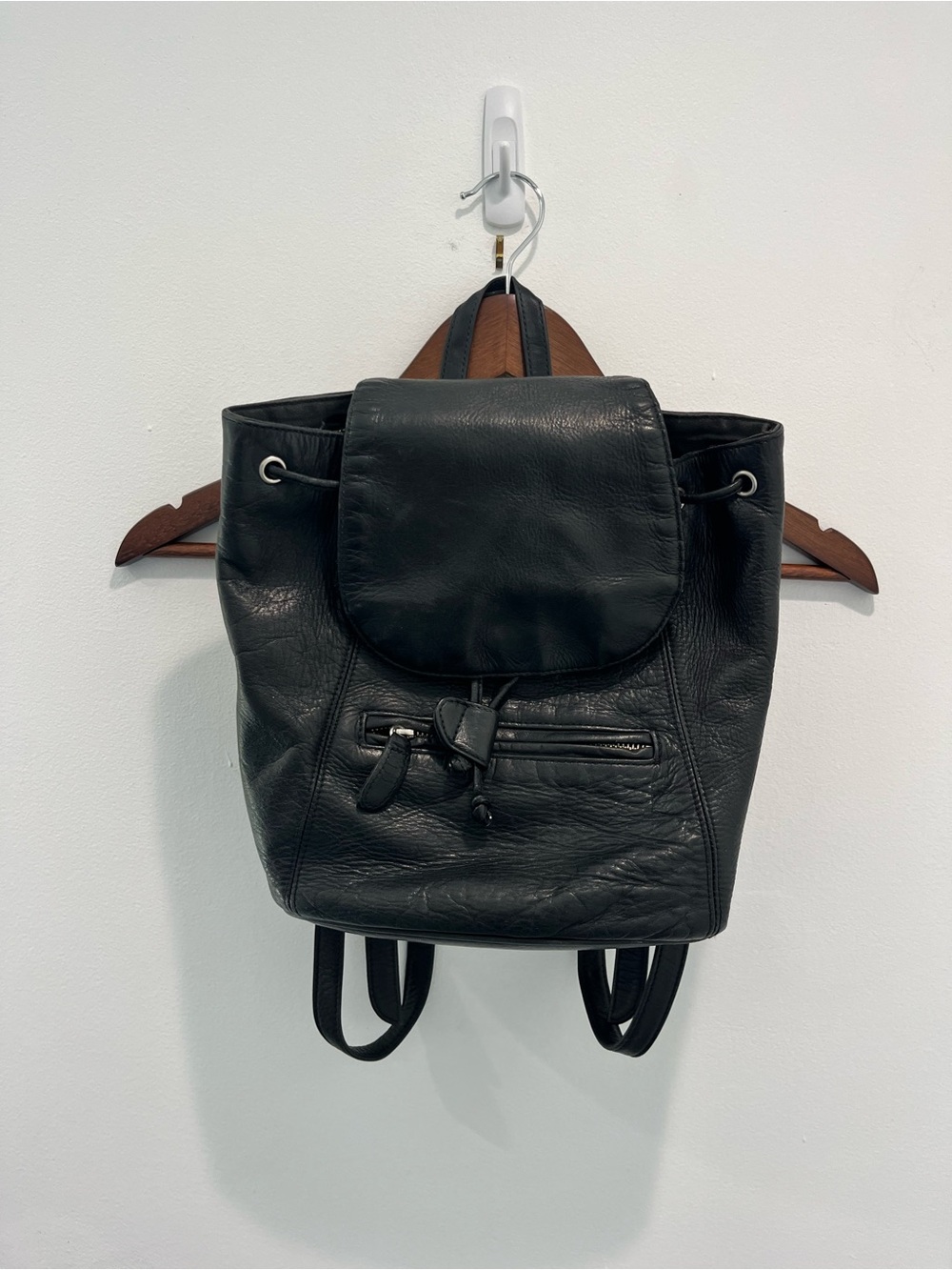 G.H. BASS Vintage Black Leather Drawstring Mini Backpack